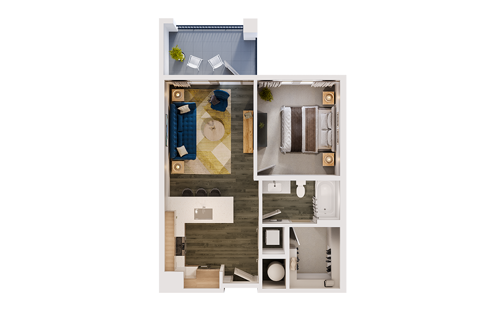 A1 - 1 bedroom floorplan layout with 1 bathroom and 659 square feet (3D) A1 - 1 bedroom floorplan layout with 1 bathroom and 659 square feet (3D)
