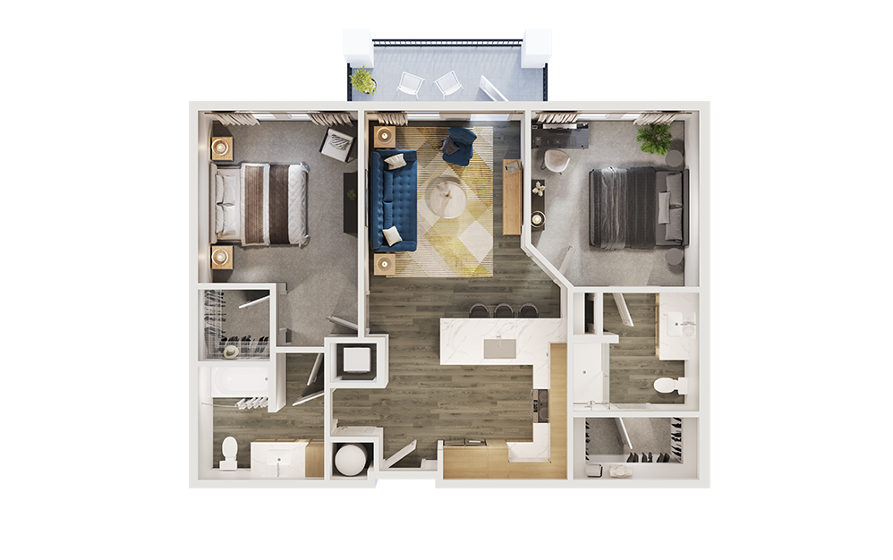 B1B - 2 bedroom floorplan layout with 2 bathrooms and 1049 square feet (3D) B1B - 2 bedroom floorplan layout with 2 bathrooms and 1049 square feet (3D)
