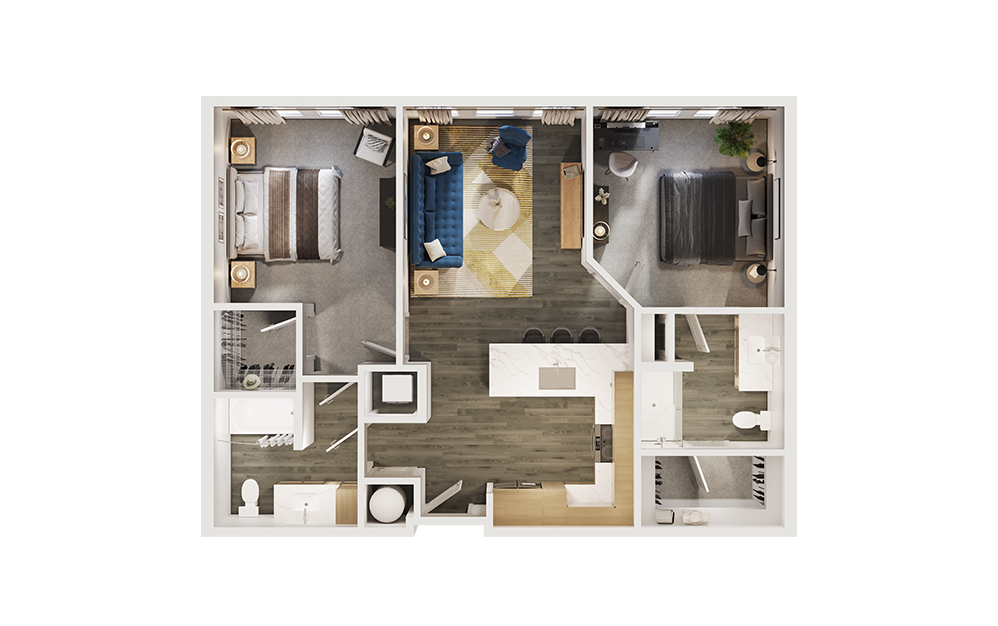 B1 - 2 bedroom floorplan layout with 2 bathrooms and 1049 square feet (3D) B1 - 2 bedroom floorplan layout with 2 bathrooms and 1049 square feet (3D)