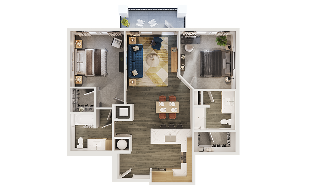 B2 - 2 bedroom floorplan layout with 2 bathrooms and 1154 square feet (3D) B2 - 2 bedroom floorplan layout with 2 bathrooms and 1154 square feet (3D)