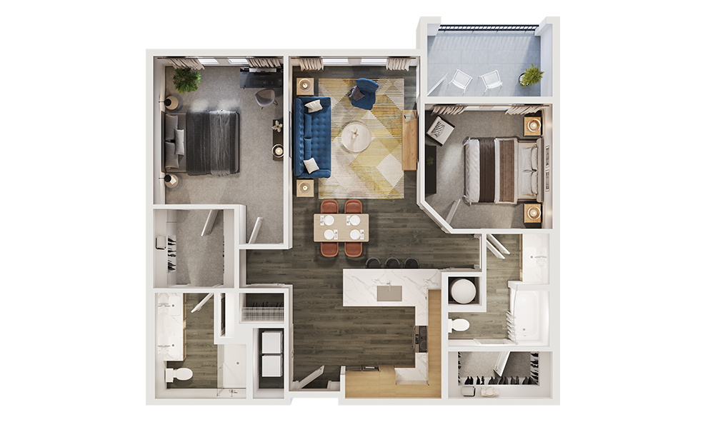 B3 - 2 bedroom floorplan layout with 2 bathrooms and 1156 square feet (3D) B3 - 2 bedroom floorplan layout with 2 bathrooms and 1156 square feet (3D)