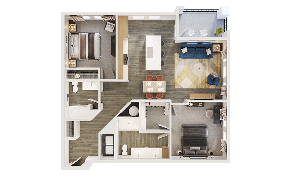 B4 - 2 bedroom floorplan layout with 2 bathrooms and 1187 square feet (3D) B4 - 2 bedroom floorplan layout with 2 bathrooms and 1187 square feet (3D)