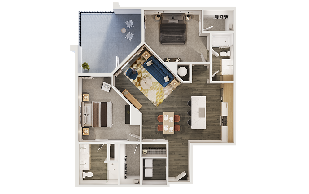 B5 - 2 bedroom floorplan layout with 2 bathrooms and 1242 square feet (3D) B5 - 2 bedroom floorplan layout with 2 bathrooms and 1242 square feet (3D)
