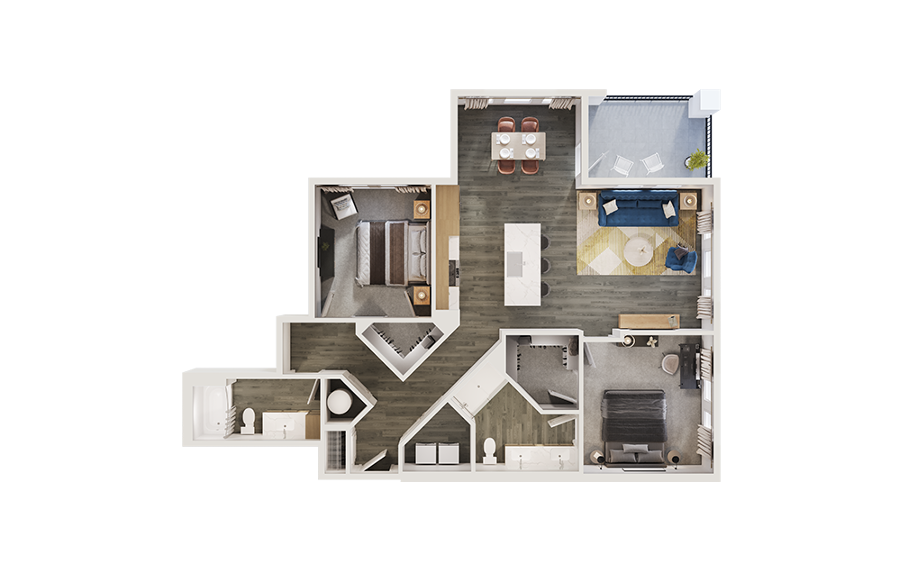 B6 - 2 bedroom floorplan layout with 2 bathrooms and 1267 square feet (3D) B6 - 2 bedroom floorplan layout with 2 bathrooms and 1267 square feet (3D)