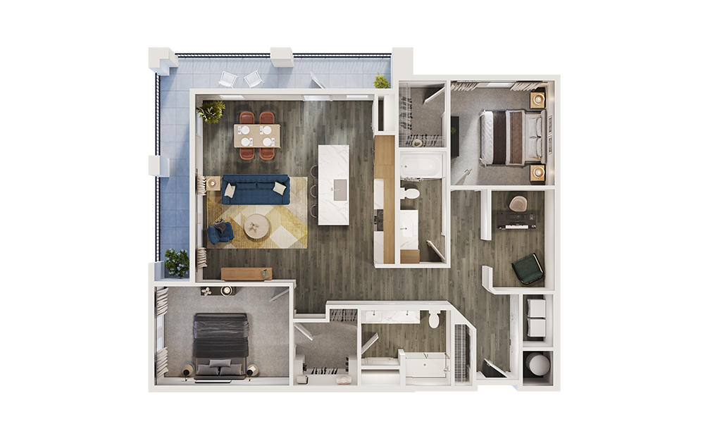 B8D - 2 bedroom floorplan layout with 2 bathrooms and 1427 square feet (3D) B8D - 2 bedroom floorplan layout with 2 bathrooms and 1427 square feet (3D)