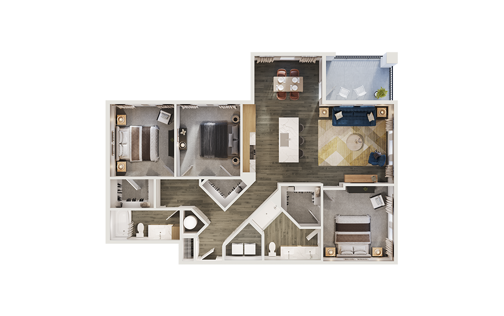 C1 - 3 bedroom floorplan layout with 2 bathrooms and 1461 square feet (3D) C1 - 3 bedroom floorplan layout with 2 bathrooms and 1461 square feet (3D)