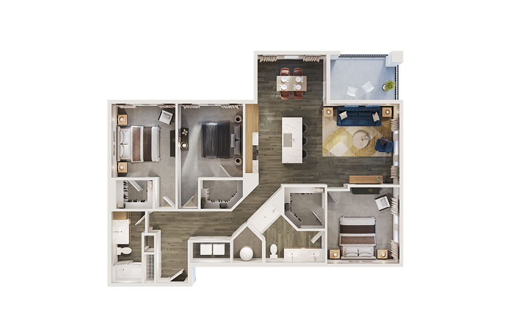 C2 - 3 bedroom floorplan layout with 2 bathrooms and 1553 square feet (3D) C2 - 3 bedroom floorplan layout with 2 bathrooms and 1553 square feet (3D)
